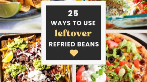 Collage of recipes using up refried beans.